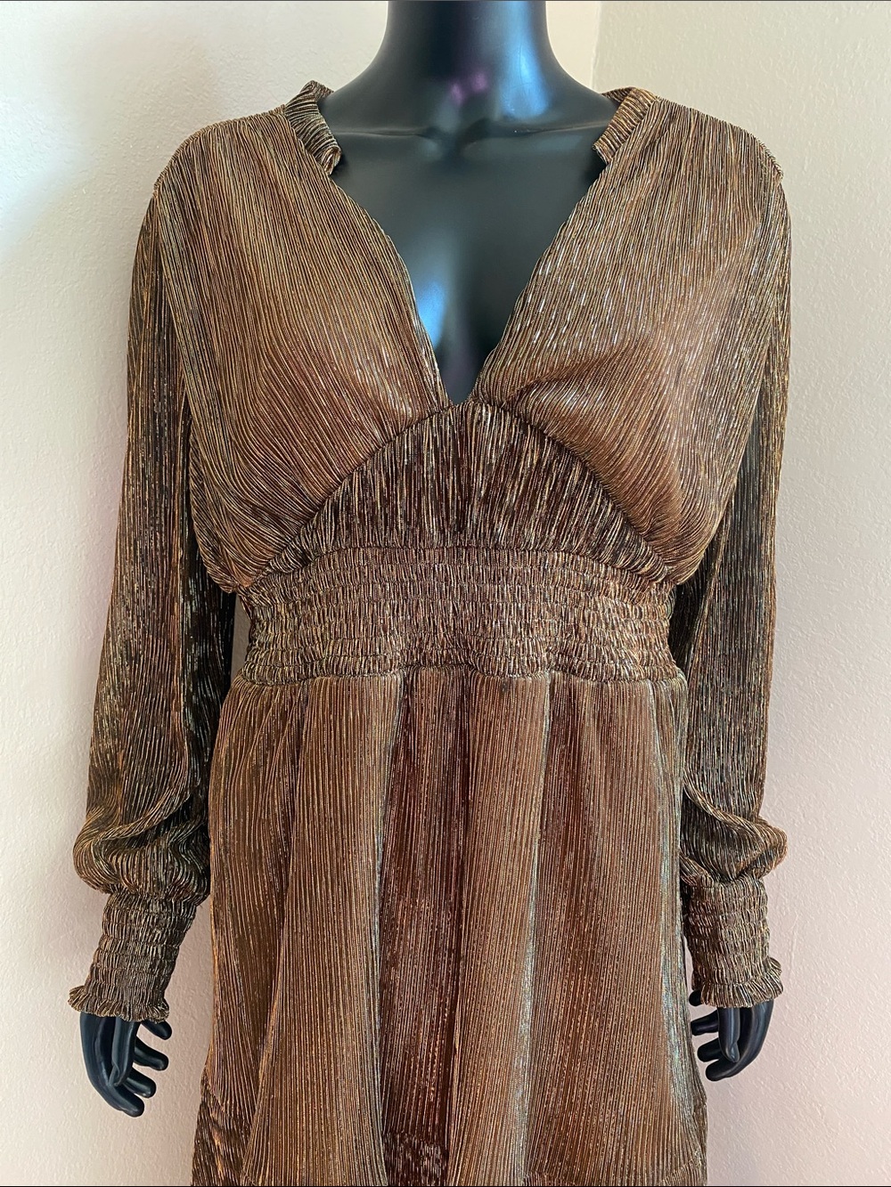 NY Collection Shimmery Bronze V-Neck Long Sleeve Midi Dress - Picture 3 of 12